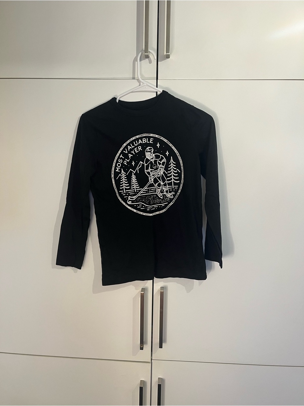 Joe Fresh Black Long Sleeve Tee with White Hockey Player Graphic